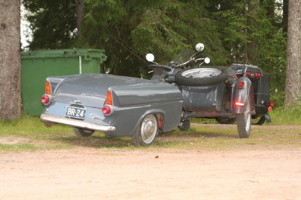 Ford Anglia Saloon based Trailer behind Motorcycle